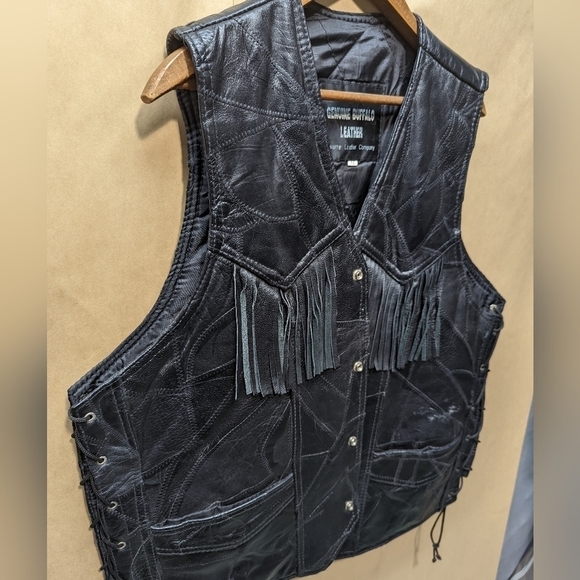 Navarre Leather Co Genuine Buffalo Fringe Vest Italian Stone Men's sz 4X Black - Picture 3 of 6